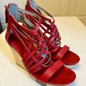 Ecco Red Strappy Wedge Sandals NWOT